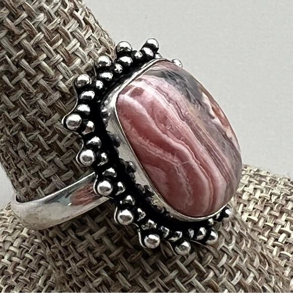 New Pink Rhodochrosite Stone Silver Overlay Ring Size 9.25 - Picture 4 of 5